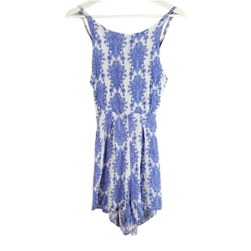 Y2K Vintage Boho Porcelain Print Open Back Shorts Romper White Blue XS